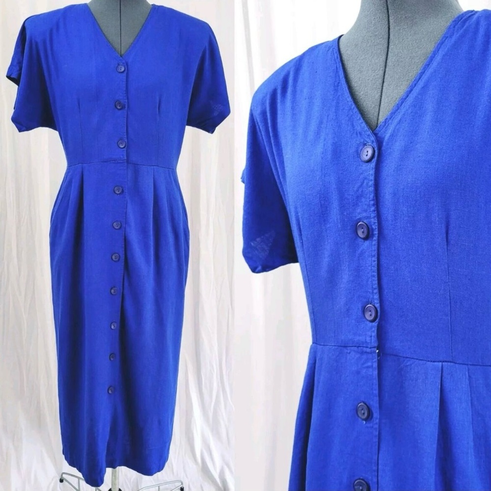 SUSAN BENNETT Royal Blue Bottom Down Dress with Short Sleeves and V-Neckline